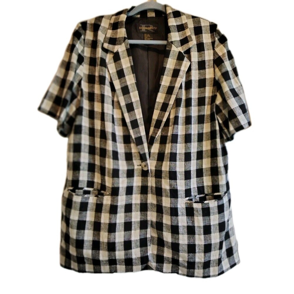 Vintage Requirements Gingham Short Sleeve Blazer Jacket Linen Blend Size 8